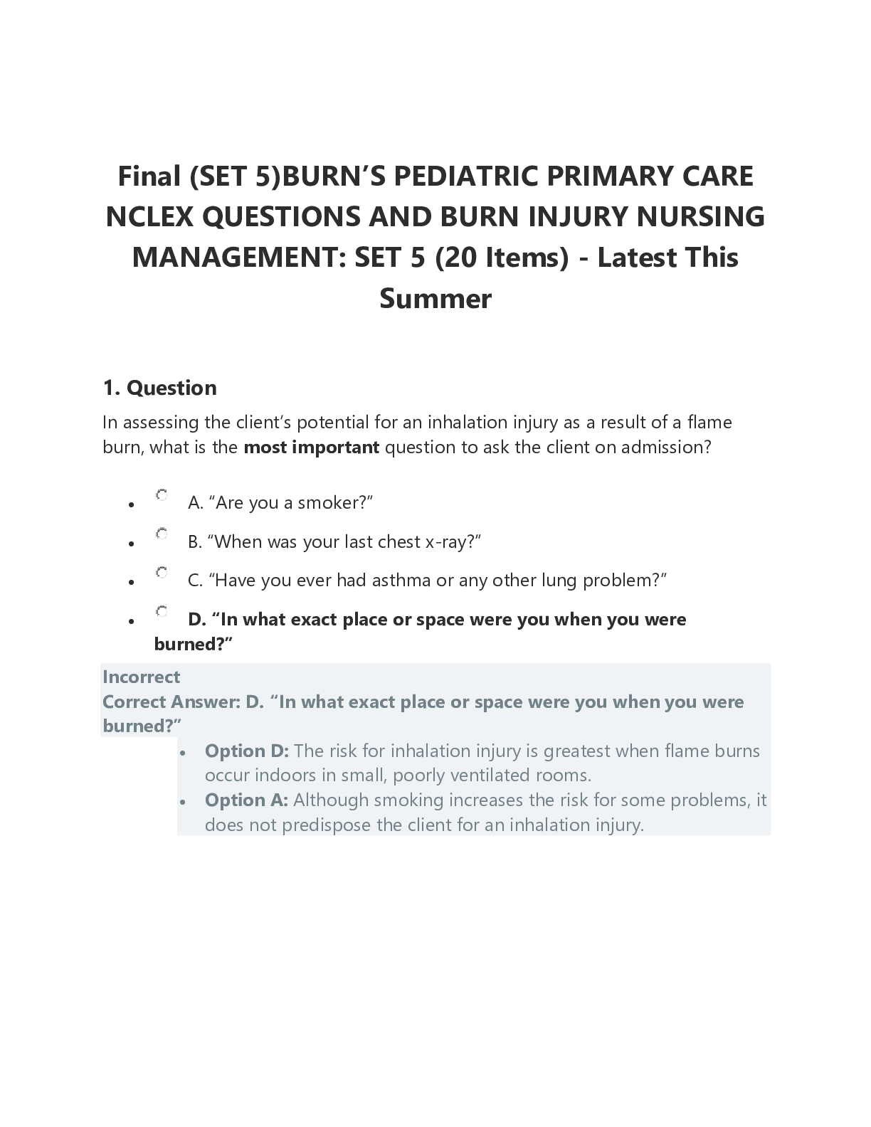 Preview image for Final (SET 5)BURN’S PEDIATRIC PRIMARY CARE NCLEX QUESTIONS AND BURN INJURY NURSING MANAGEMENT: SET 5 (20 Items) - Latest This Summer
